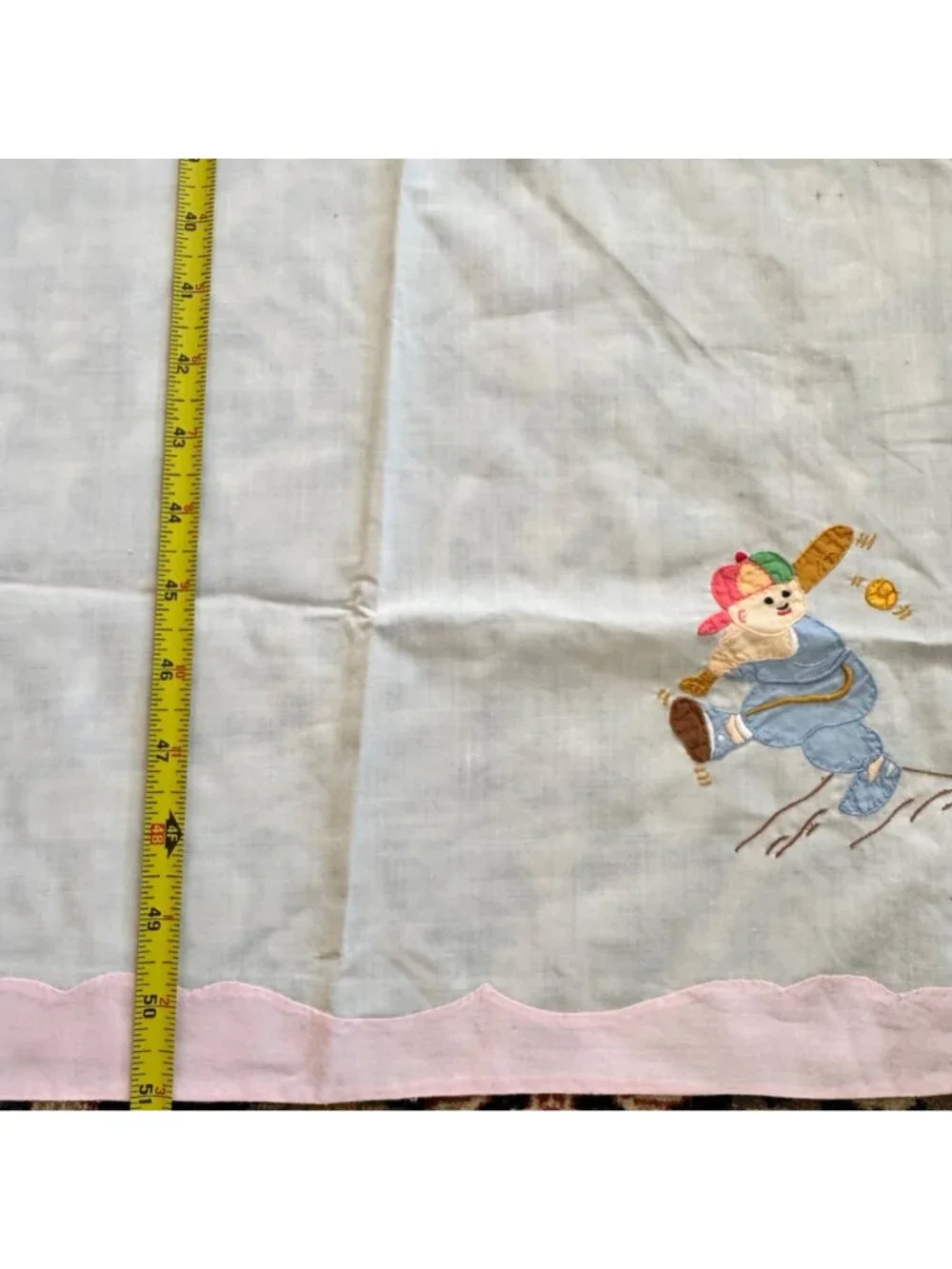 Vintage Embroidered Baby Crib Flat Sheet Jump Rope Skiing Baseball White Pink